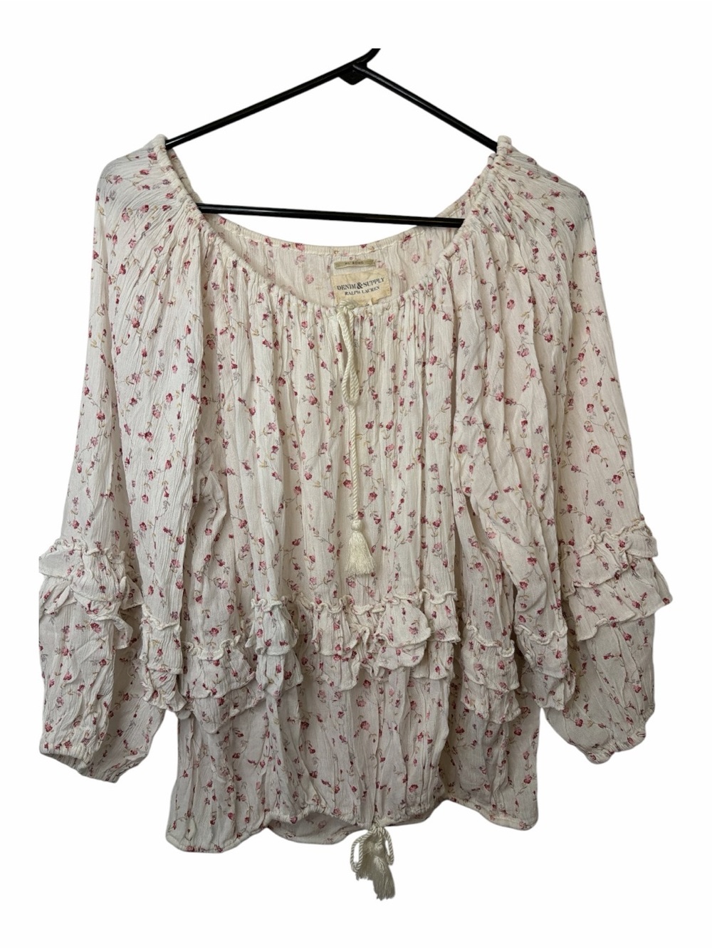 Denim & Supply Ralph Lauren Women's Ivory Floral Print Ruffle Boho Top